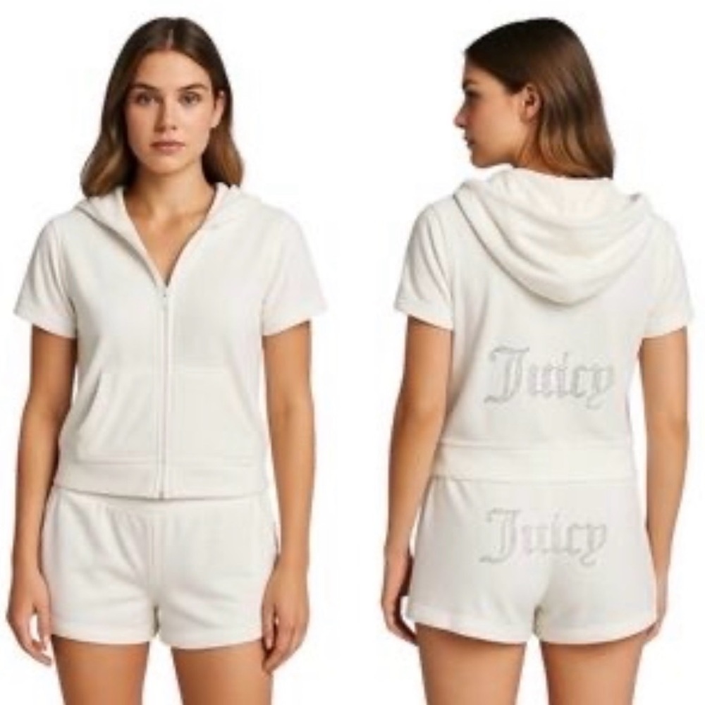 Juicy Couture Rhinestone Velour Hoodie And Shorts Set Oyster Ivory Sz M NWT